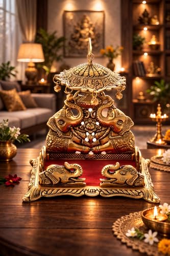 Image of LABHCART Metal Krishna Sihasan, Laddu Gopal Singhasan for Home and Office Metal Home Temple - (10 Cm X 8 Cm X 18 Cm), Gold