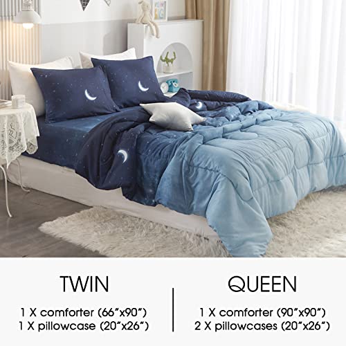 Hyprest Queen Size Comforter Sets, Star Moon Soft Lightweight Comforter For Girls Boys, Blue Teens Comforter Sets For Queen Bed All Season Breathable Cool Bedding(Oeko-Tex Certified) #TOP5