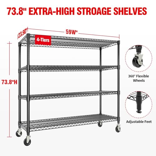 Image of GarveeTech 4-Tier Wire Storage Shelves with Wheels, 2640LBS Heavy Duty Metal Shelving Unit with Adjustable Storage Shelves for Home, Pantry & Warehouse, Easy Assembly, 73.8 inch H x 59W x 23.9 inch D