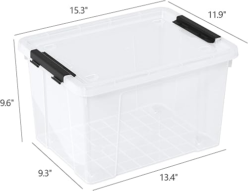 Miniatura 3 de Caja de almacenamiento de plástico transparente de 23 L con tapa, contenedor de almacenamiento apilable con ruedas y hebillas de cierre seguro, 4
