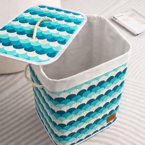 Image of Amazon Brand - Umi Rectangle Bamboo Laundry Basket for Clothes with Lid Wave Printed Hamper | Eco-Friendly, Foldable & Lightweight Organizer (Blue, 40x30x50 cm, Pack of 1)