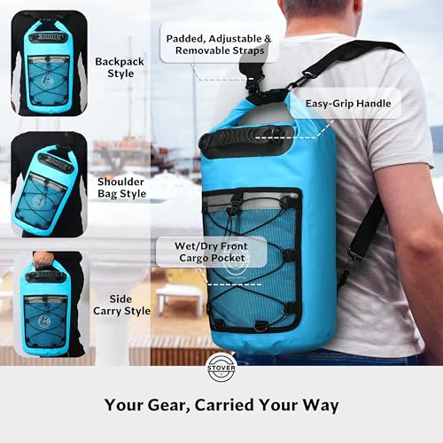Image of STOVER 5 /10 /25 /30 /40L Waterproof Dry Backpack & Phone Case- Large Floating Dry Bag for Kayaking, Travel, Hiking, Fishing, Camping, Motorcycles & Beach, Heavy-Duty Roll Top Men /Women (Blue)