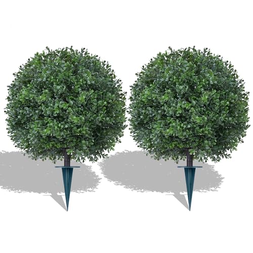 Artificial Boxwood Topiary Trees with Ground Spike,2 Pieces Fake Pine Shrubs Bushes, UV Resistant Faux Evergreen Cypress Tree Plants for Indoor Outdoor Planters Front Porch