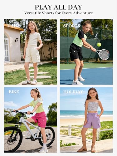 Image of Rolanko Girls Cargo Shorts Lightweight Parachute Short Pants with Pockets Summer Cargo Shorts for Kids Casual Hiking Sports