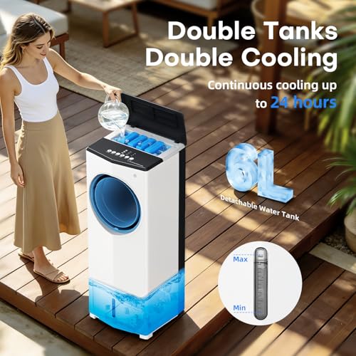 Image of Evaporative Air Cooler, 35 inch Windowless Air Conditioner Portable w /3 Speeds, 25ft Remote, Smart Timer & Water Tank, Portable Air Conditioners No Windows Needed, 90Oscillating AC Unit for Room