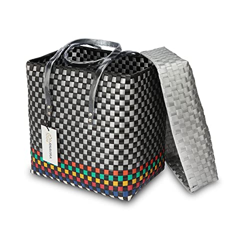 Image of Arnavira Handmade Multipurpose Basket with Lid 13L Used as Shopping, Storage, Picnic, Beach, Toy Basket (28x17x27 CM) (Black Silver, Large)