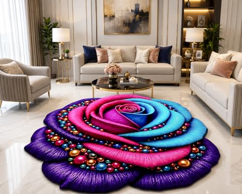 Image of 3D Rose & Floral Door Mat | Water Absorbent, Anti-Skid, Machine Washable Floor Mat | Soft Microfiber Carpet for Home, Living Room & Bedroom | Premium Decorative Mat (Multicolor Pink purple Blue, Rose)