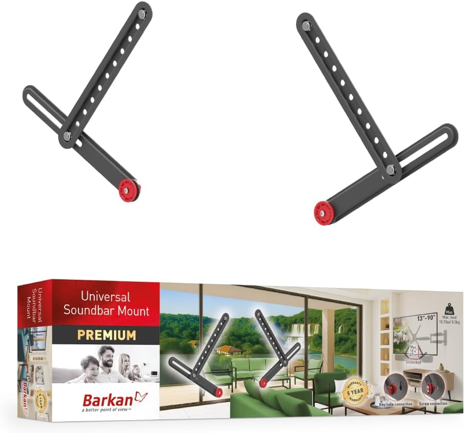 Barkan Universal Soundbar Mount, Adjustable Bracket for Mounting Above or Under the TV, Sizes 13-80 inch, Fits Most of Sound Bars Up to 6.5kg, Easy Assembly