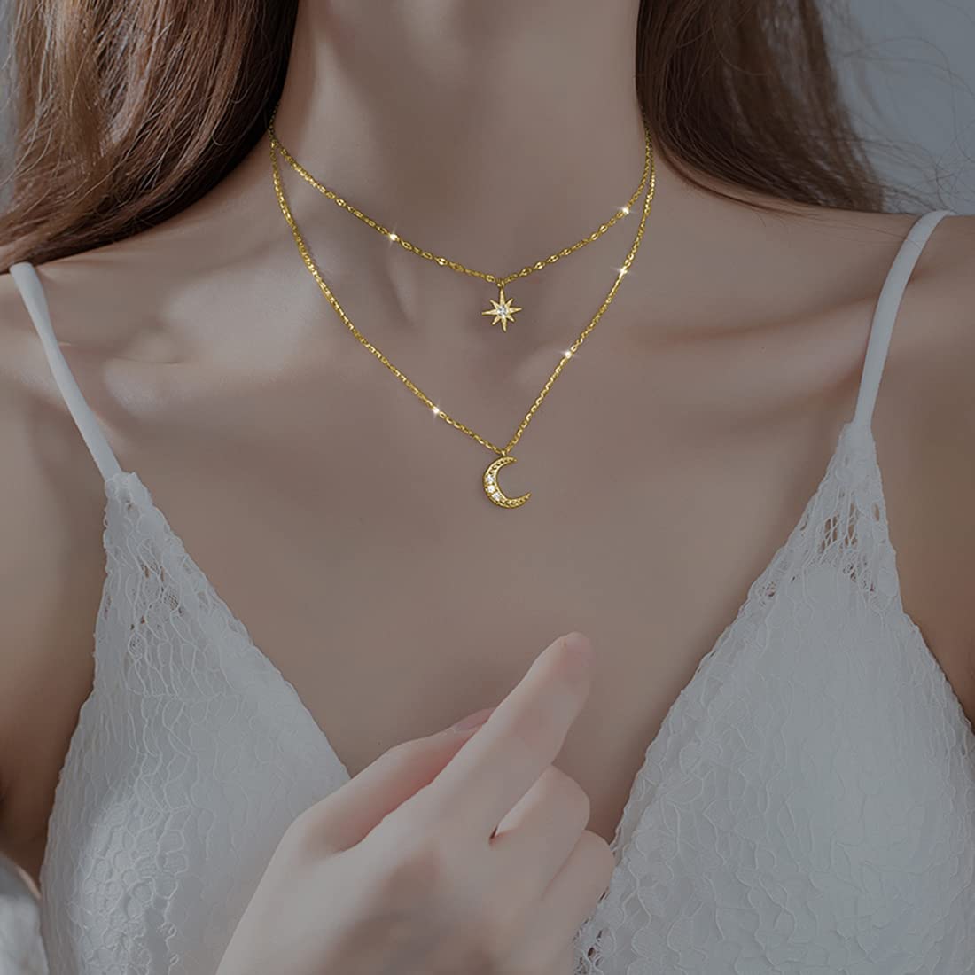 SLUYNZ 925 Plata Esterlina Collar en Capas Cadena Luna Estelar Choker Collar para Mujeres Chicas Adolescentes Gargantilla Cadena Capas