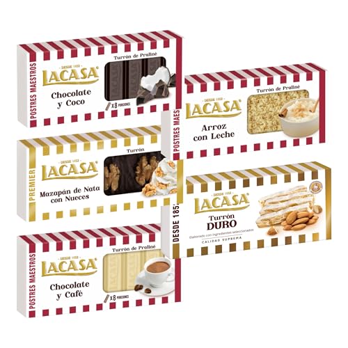 Pack Surtido 5 Turrones Lacasa:Mazapán de Nata con Nueces, Arroz con Leche, Chocolate y Café, Chocolate y Coco, Duro
