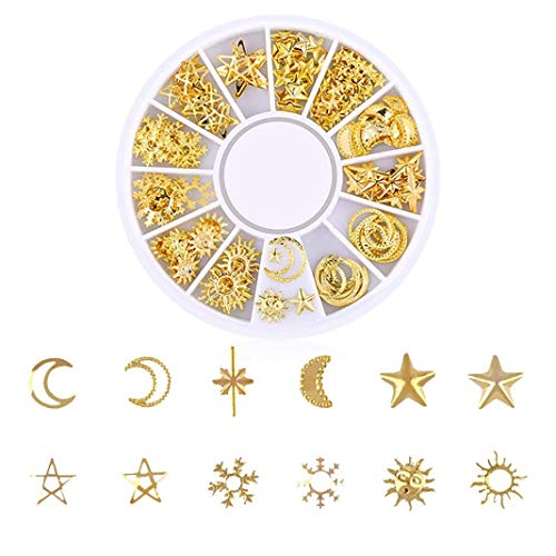 New Charm Gold Komplettset Nietnägel Diamanten Glanz Sterne und Mond Dekoration Nagelschmuck (D) Praktisch und praktisch