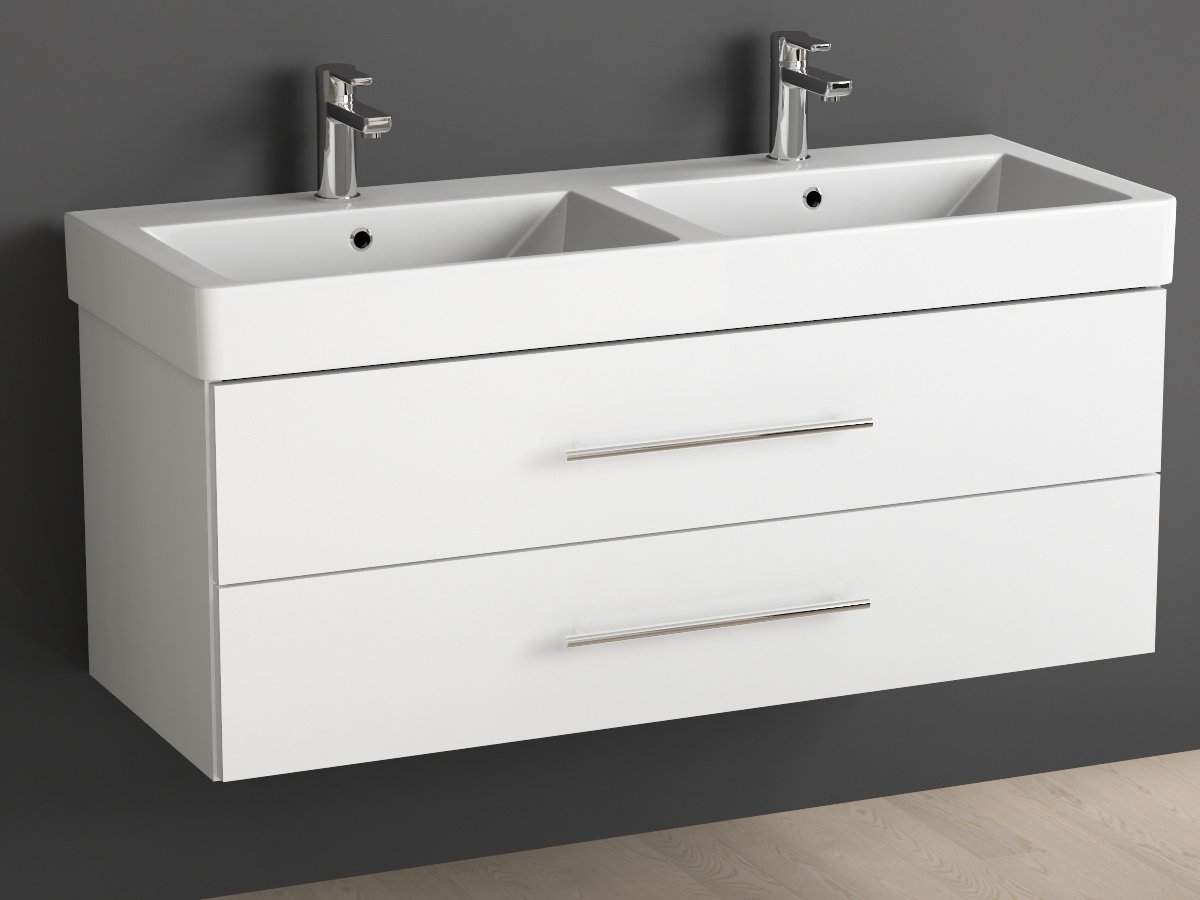 Mobile Bagno Sospeso 120cm Bianco Lucido - Doppio Lavabo Con 2 Cassetti, Design Moderno - Foto 14