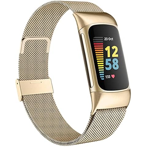 Faliogo Metal Strap Compatible with Fitbit Charge 5 Strap for Women Men, Adjustable Mesh Loop Stainless Steel Replacement WirstBand for Charge 5 Activity Tracker, VintageGold Cover