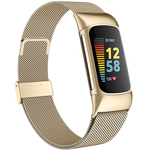 Faliogo Metall Armband Kompatibel mit Fitbit Charge 5 Armband, Verstellbares Edelstahl Ersatzarmband für Charge 5 Uhrenarmbänder Damen Herren, VintageGold Cover