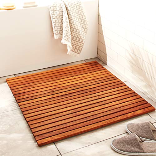 Bare Decor Fuji String Spa Shower Mat In Solid Teak Wood Oiled Finish, 30" Square Mat, Brown #TOP4