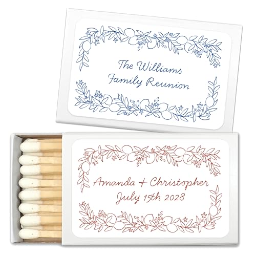Hand Drawn Wedding Matches, Personalized Matches for Wedding Favors - Custom Wedding Matches, Mediterranean Floral (Set of 50 Matchboxes) (White Box)