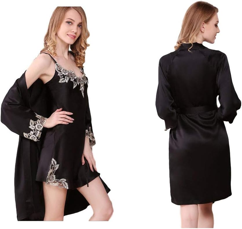 Seres Women's Pajamas Set,Silk Pajamas Robe & Skirt with Laces,3 Colors,100% Silk(Main),真丝睡衣