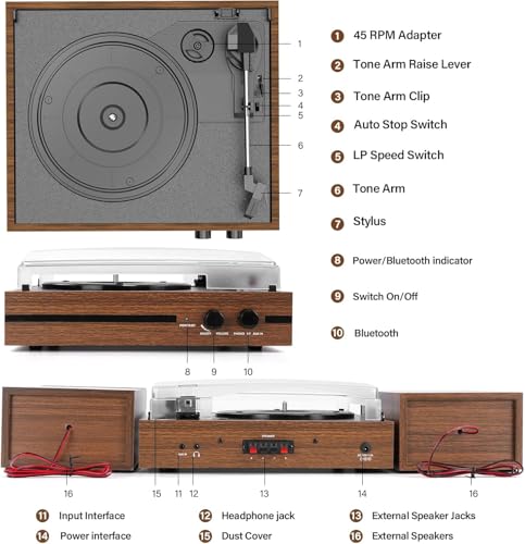 Vinyl Record Player with Dual Stereo Bookshelf Speakers Vintage Belt Drive Bluetooth Turntable with External Speakers,Convert Vinyl to MP3,LP Players AUX Headphone Input RCA Out - Les Beatles, Paul McCartney, John Lennon, RIngo Starr, George Harrison Vinyl Record Player with Dual Stereo Bookshelf Speakers Vintage Belt Drive Bluetooth Turntable with External Speakers,Convert Vinyl to MP3,LP Players AUX Headphone Input RCA Out – Image 4