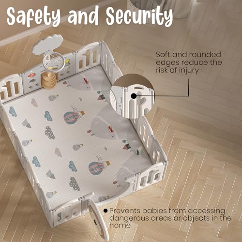 Image of 46 Sq Ft Extra Large Baby Playpen | Lion-Themed 20-Panel Play Yard with Soft Mat & Basketball Hoop | Indoor /Outdoor Toddler Fence | Grey-White | ISO & CE Certified