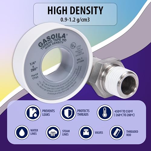 Image of Gasoila PTFE Thread Seal Tape - Professional-Grade, 1 /4 Inch x 260 Inch, High-Density Thread Tape for Plumbing, HVAC, Gas Lines, Water Pipes, and Air Compressors - Leak-Proof Seal, Non-Toxic