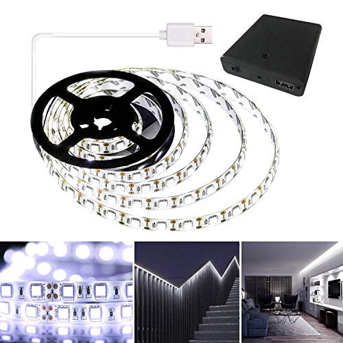 QIWOO Battery Powered LED Strip Lights, Cool White USB LED Light Strip Kit with 6.6FT(2M),SMD5050,Super Bright LED Tape Light