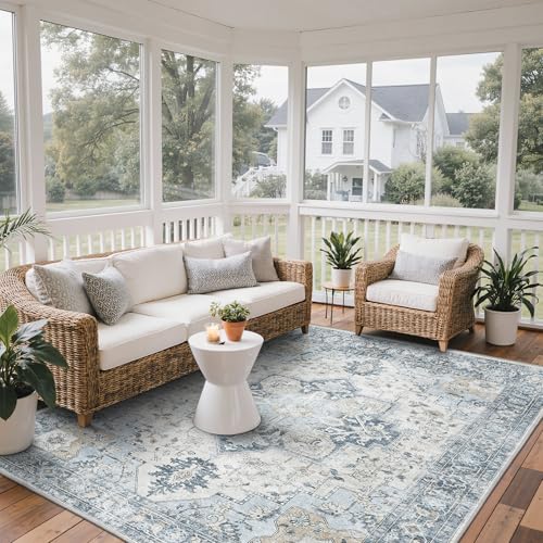 Image of GENIMO Indoor & Outdoor Area Rug 8'x10', Waterproof, Non-Shedding, Easy Cleaning, Boho Mat for Patio, Living Room, Balcony, Dining Room, RV, Deck, Bedroom, Camping, Outside Carpet, Blue