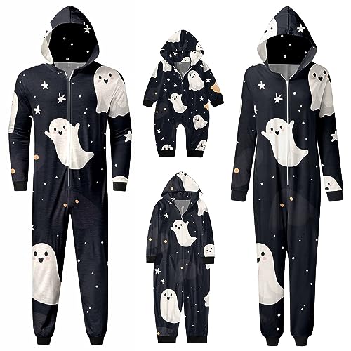 Family Matching Halloween Pajamas Set Spooky Ghost Print One Piece PJs Sets Holiday Zip up Hooded Jumpsuits for Couples