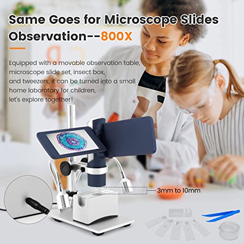 Image of LM203S 4 inch HDMI Digital Microscope, Portable Coin Microscope Full View of Coins, 800X Handheld Coin Magnifier Magnifying with Light, Wireless USB Microscope with Metal Stand, 5pcs Microscope Slides