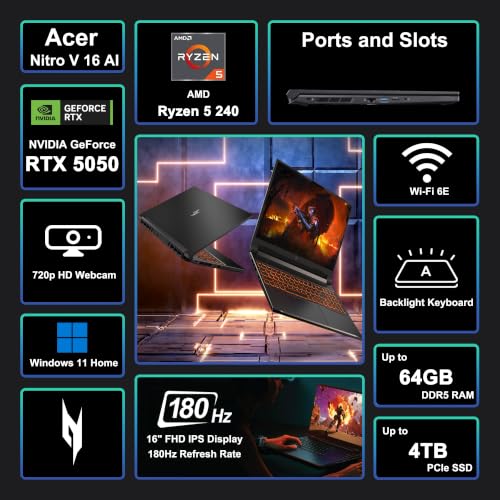 Image of Acer Nitro V 16 AI Gaming Laptop 16 inch WUXGA IPS 180Hz AMD Zen 4 Hexa-core Ryzen 5 240 32GB RAM 1TB SSD GeForce RTX 5050 (Up to 421 AI Tops) Backlit Win11 ICP Hub