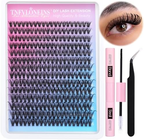 DIY Eyelash Extension Kit 280pcs Individual Lashes Cluster D Curl, 9-16mm Mix Lash Clusters with Lash Bond and Seal and Lash Applicator Tool by TNFVLONEINS(40D)