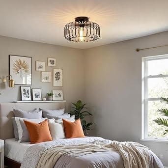 Industrial Black Ceiling Lights Fixture, Semi Flush Mount Ceiling Light for Living Room Black Metal Cage Lampshade for Hallway, Bedroom, Dining Room, Kitchen Lounge [Energy Class A+++]