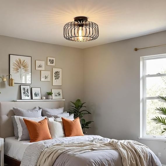 Industrial Black Ceiling Lights Fixture, Semi Flush Mount Ceiling Light for Living Room Black Metal Cage Lampshade for Hallway, Bedroom, Dining Room, Kitchen Lounge [Energy Class A+++]
