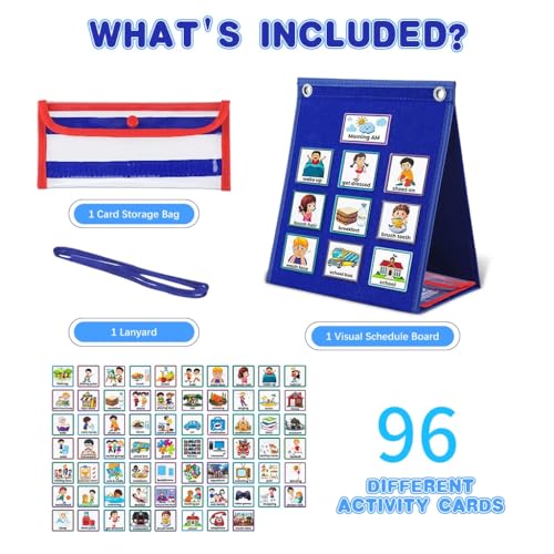 Image of PATPAT Flash Cards for Kids Visual Schedule Calendar Chart, 2 in 1 Foldable Autism Daily Chore Routine Chart with 96 Cards Montessori Learning Toys for 3+ Year Old Kids Wall Planner for Home School