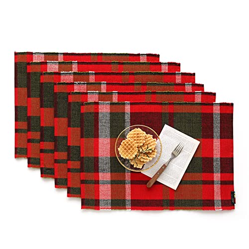 Origo Woven Table Mats/100% Cotton Crossweave Plaid Placemats, 18X13 Inches/Washable Dining Décor, Christmas Table, Home Party Décor (Red, 6) #TOP4