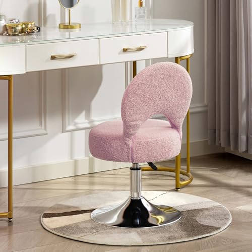 Image of Adjustable Small Vanity Chair with Folding Back for Makeup | 360 Swivel Vanity Stool for Dressing Room | Comfy Teddy Ottoman Stool for Bedroom | Large | Pink