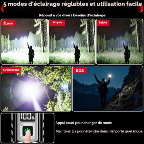 Shadowhawk Lampe torche rechargeable 24h (2 piles) | IP67 étanche 500000 lumens lampe de poche super lumineuse avec écran LCD pour camping/urgence/promenade du chien/coupures de courant, 5 modes – vue 7