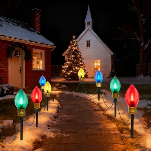 C9 Christmas Path Marker Light Outdoor, 7 Feet LED Christmas Pathway Lights with 4 LED Multicolor Lights and 4 Stakes Waterproof Lawn Walkway Lane Marker Decoration