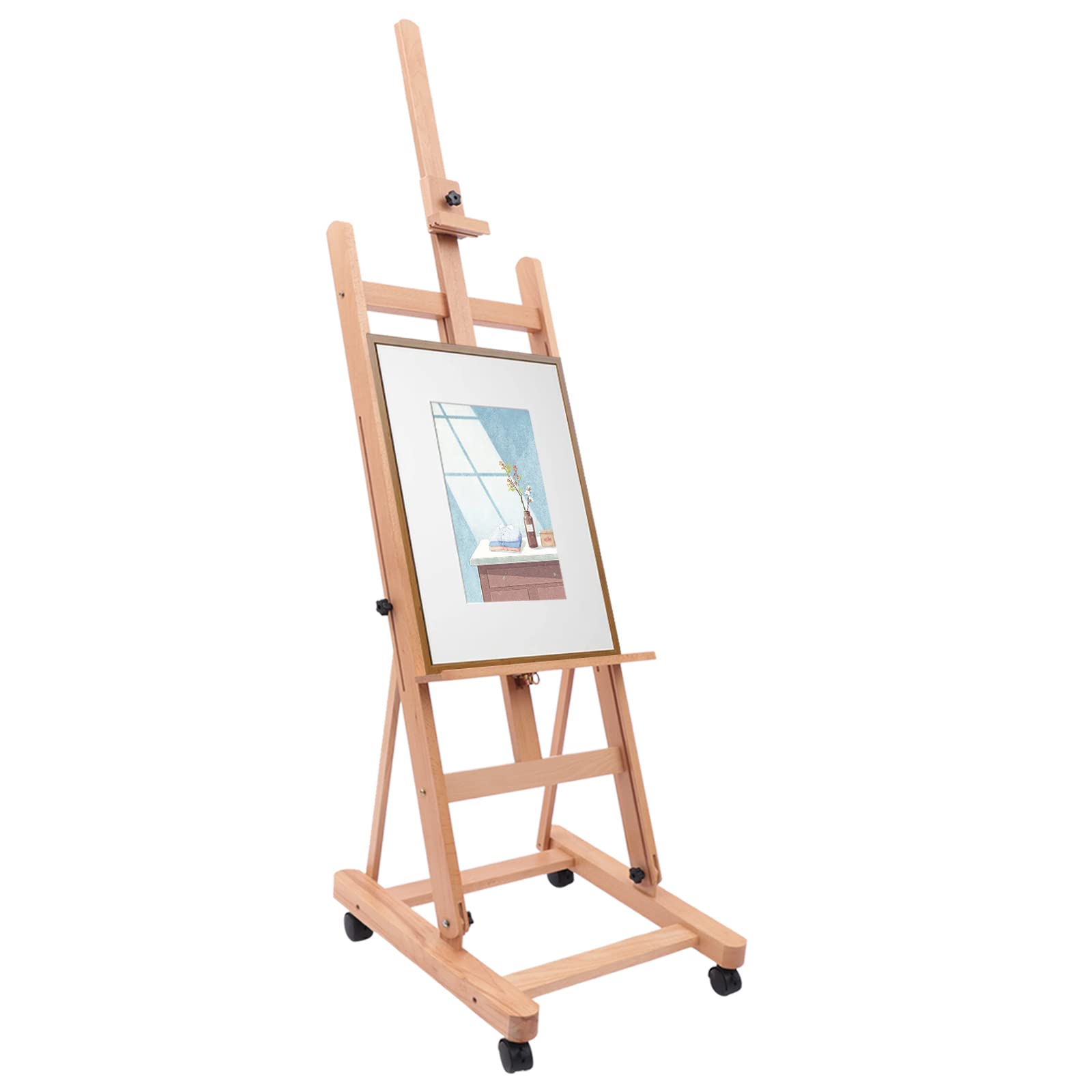 Caballete de pintura portátil profesional caballete de estudio con marco en H, caballete de estudio artista mal caballete de suelo con ruedas giratorias, ajustable artista caballete de madera de haya
