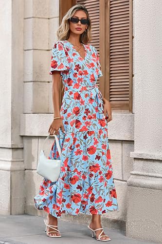 Image of MASCOMODA Women Boho Swiss Dot Maxi Dresses Wrap V Neck Flutter Short Sleeve Solid Tie Waist A Line Tiered Flowy Long Dresses