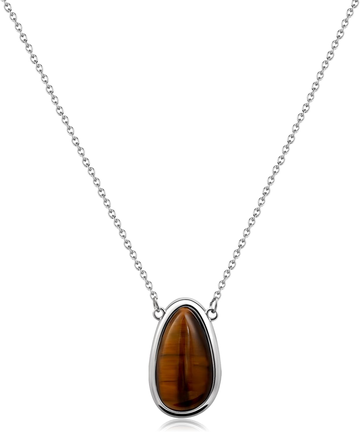 Tigers Eye Silver and Brown Pendant Thin Chain Minimalist Simple Adjustable Necklace for Women