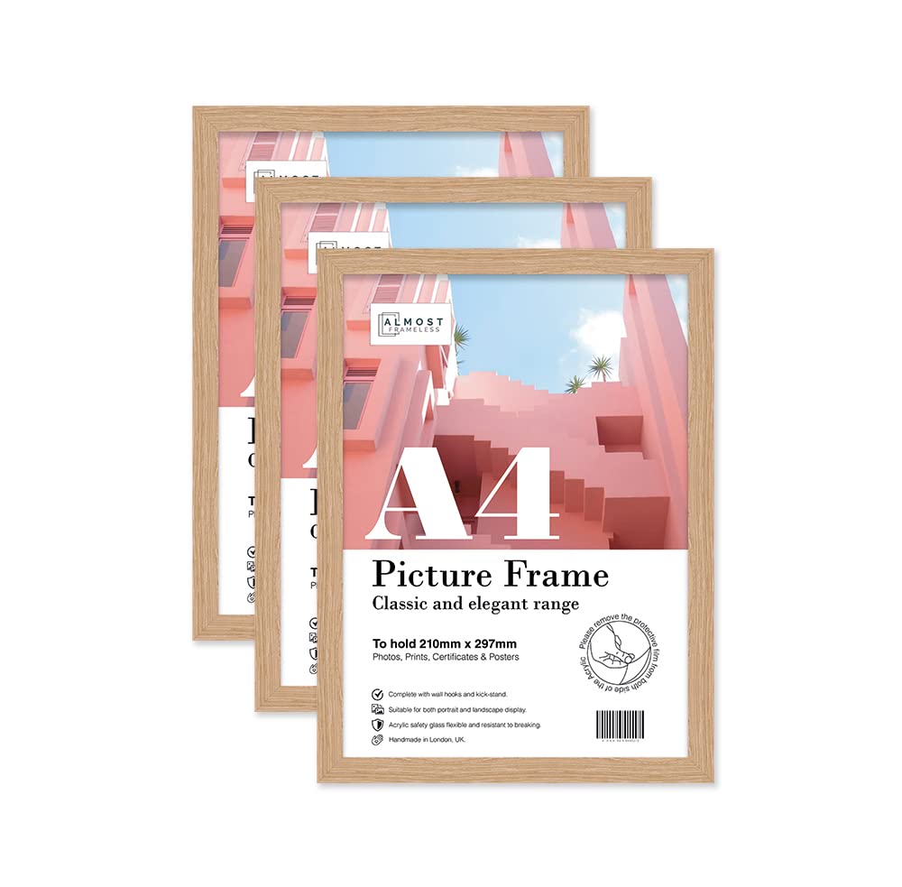 Almost Frameless A4 Oak Picture Frame Set of 3, Display A4 Picture Gallery Wall, Poster, Photo, Artwork, or Print, Oak