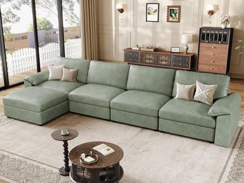 Image of EASE MOOSE Oversized Modular Sectional Sofa,Leather Sectional Couch with Deep Seat,Extra Large L Shaped Couch,Classic Comfy Scratch Resistant Faux Leather Material Sofa for Living Room,Green