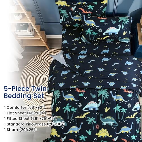 Image of PHF 5 Piece Kids Comforter Set, Ultra Soft Twin Size Comforter Sets Include Comforter, Fitted Sheet, Flat Top Sheet, Pillowcase, Sham for Boys, Dinosaur Bed in A Bag for Baby Bedroom, Dinosaur