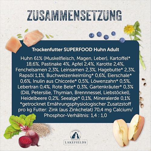 Lakefields SUPERFOOD | Premium Hundefutter trocken | 61% Huhn | 1kg | Getreidefreies Trockenfutter für ausgewachsene Hunde | Mit Fenchelsamen, Heidelbeeren & Seealge | Von Tierärzten entwickelt