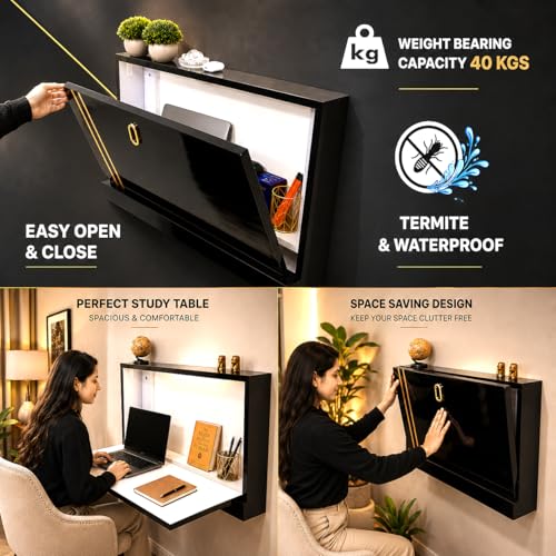 Image of Wall Mounted Folding Study Table - Black & Gold | Solid Wood | Foldable Space-Saving Desk with Storage | Home Office Laptop Desk