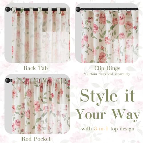 Image of jinchan Pink Floral Linen Curtains 63 Inch Cottagecore Back Tab 2 Panels | Light filtering drapes, semi sheer, farmhouse, watercolor, romantic, living room, bedroom, rod pocket, window treatment