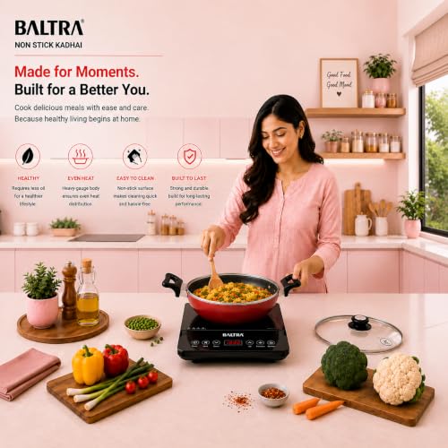 Image of BALTRA 4.5L Nonstick Kadhai with Glass Lid | Induction Bottom, Marble Finish, Durable & Even Heating Cookware for Healthy Cooking Kadai 3mm Thick (28cm, Red)