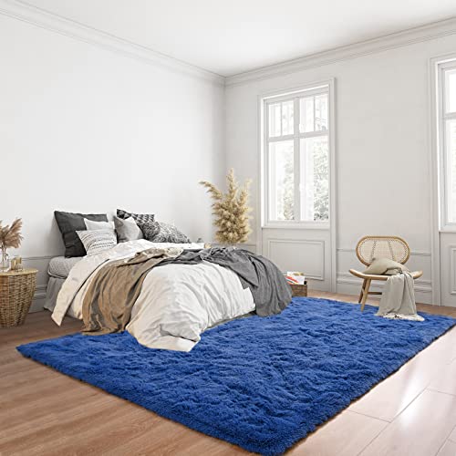 Navy Blue Fluffy Living Room Rugs, Shag Area Rug 5X8 For Bedroom, Furry Carpet For Kids Boys Teen College Dorm, Living Room Decor, Soft Shaggy Rug For Play Room, Fuzzy Carpet For Nursery, Plush Rug #TOP1