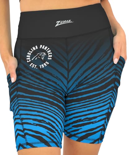 Zubaz NFL Women's 7" Zebra Fade High Waist Powermesh Bike Shorts with Pockets - Carolina Panthers, Small