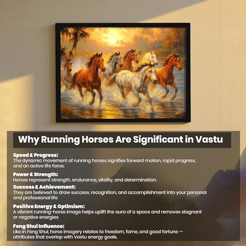 Image of 7 Running Horses Vastu Framed Wall Art Painting for living Room| Seven Horse Painting With Frame Symbol of Success & Positive Energy Wall Art for Living Room & Office, 10x12 Inch